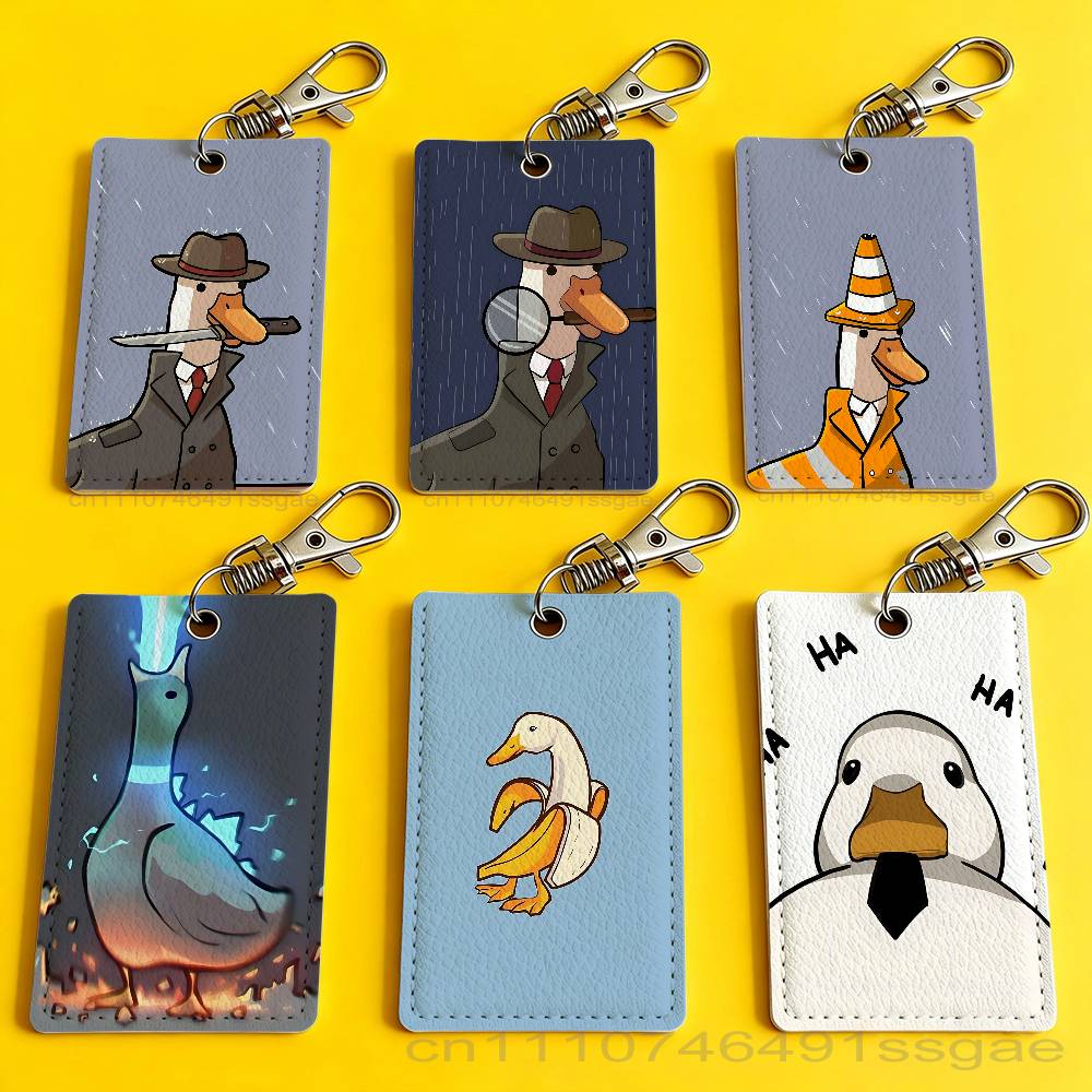Leatherwork Keychain - 漫画かわいいガチョウアヒルバッジホルダーキーホルダー銀行ビジネスワークカードホルダー学生カード保護ケースバスカード