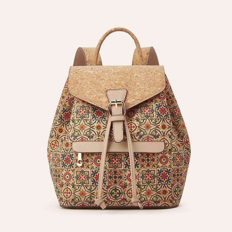 Leather Work Backpack - バックパックバッグ レトロ コルクレザー 国花プリント 大容量 フラップカバー