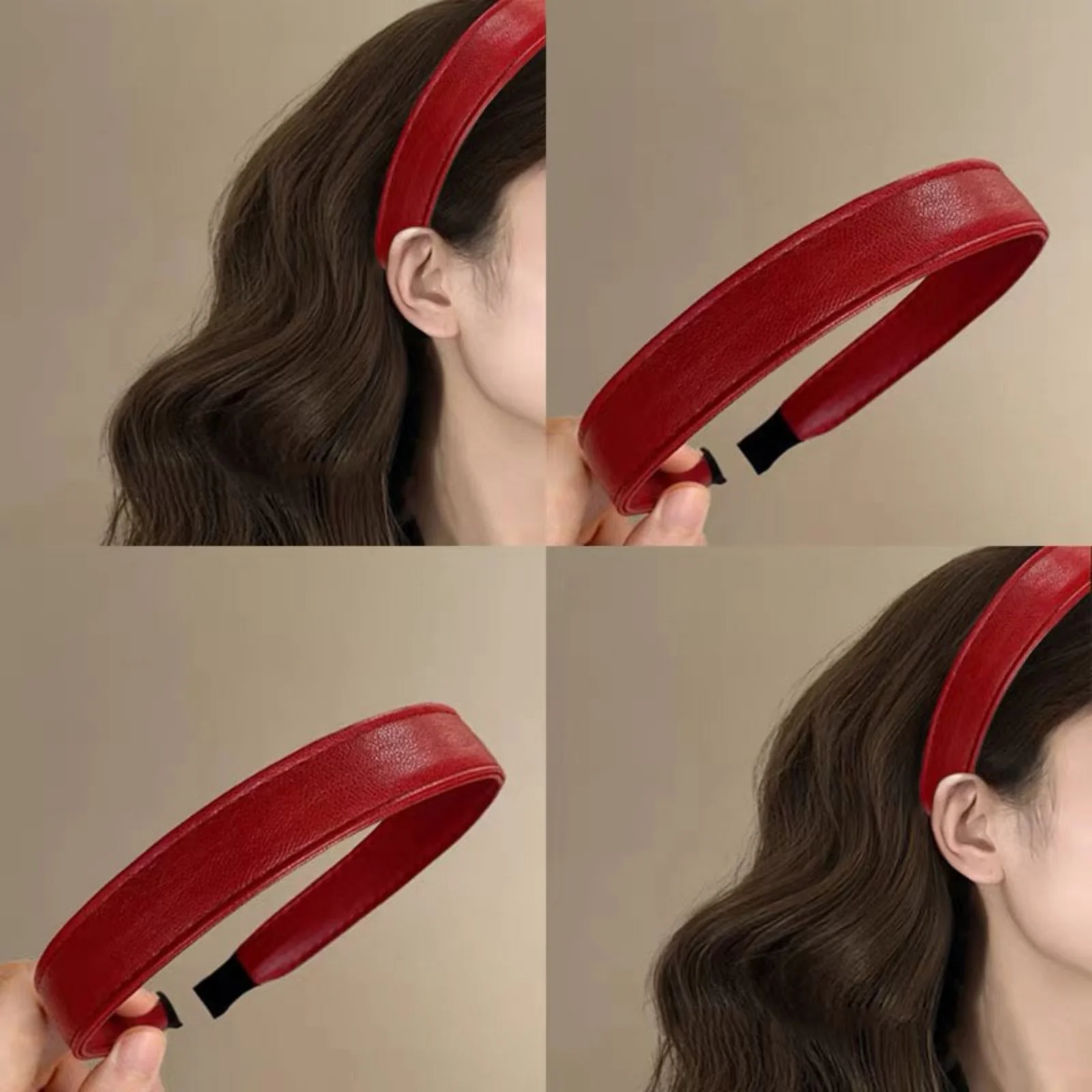 Leatherwork Pony - 1Pc レトロワインレッドレザーヘッドバンドハイエンドヘアコンテナブルフープ新年 PU レザー韓国スタイルトラベルヘアバンド