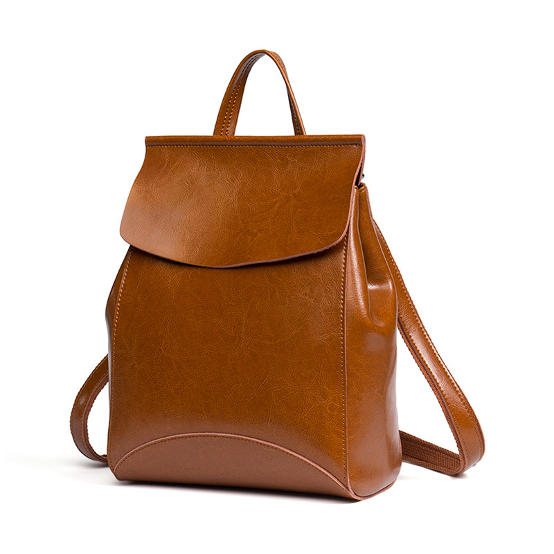 Leather Work Rucksack - 本革製ミニマリストバックパック 女性用 ブラウン フラップ カジュアル デイパック