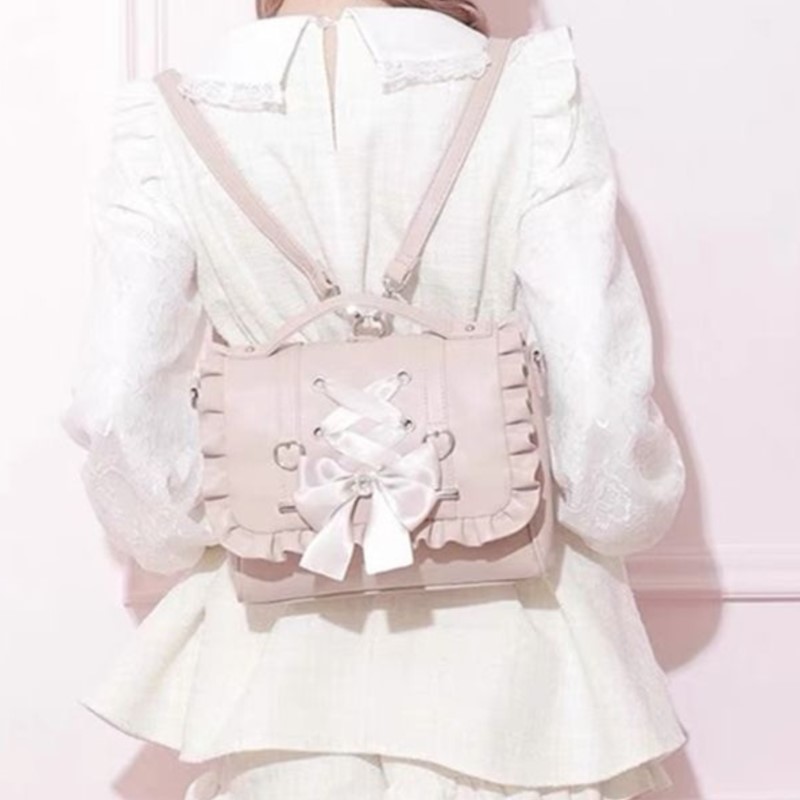 Leather Work Backpack - 甘い弓ピンク Mochila 女性 Fairyocre 美的ハンドルレザークロスボディバッグレディースロリータ大容量スクエア Mochilas
