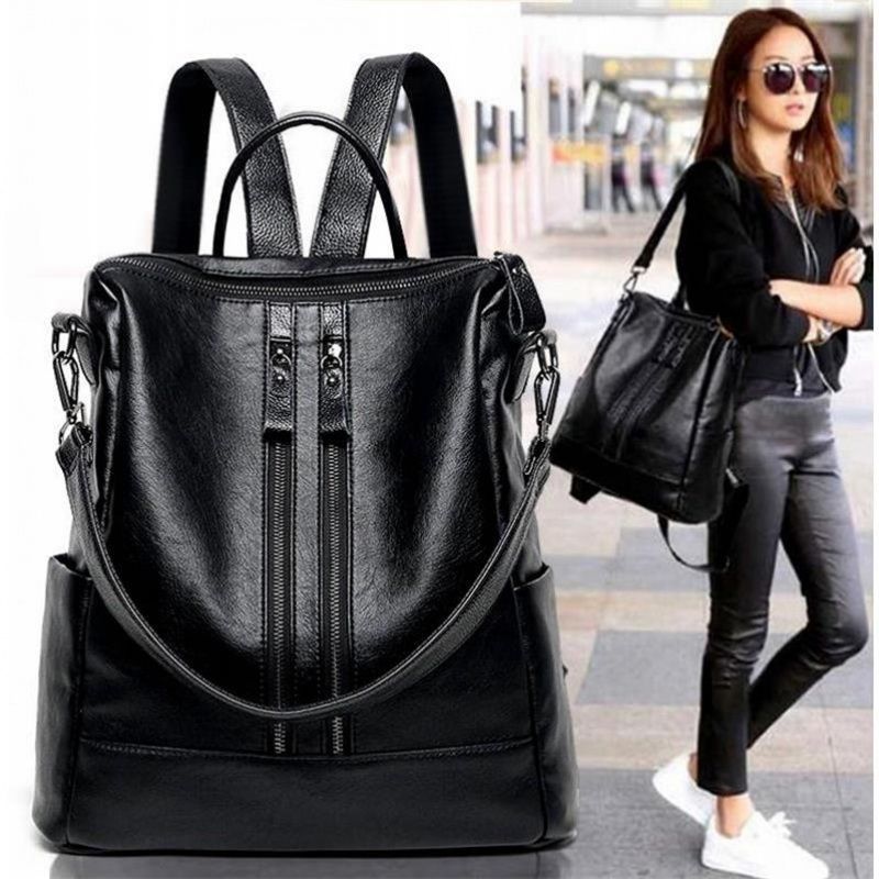 Leather Work Backpack - 女性ソフトレザーバックパックスクールブラックカジュアル多機能カレッジバッグ大容量ショルダーバッグトラベルトートバックパック