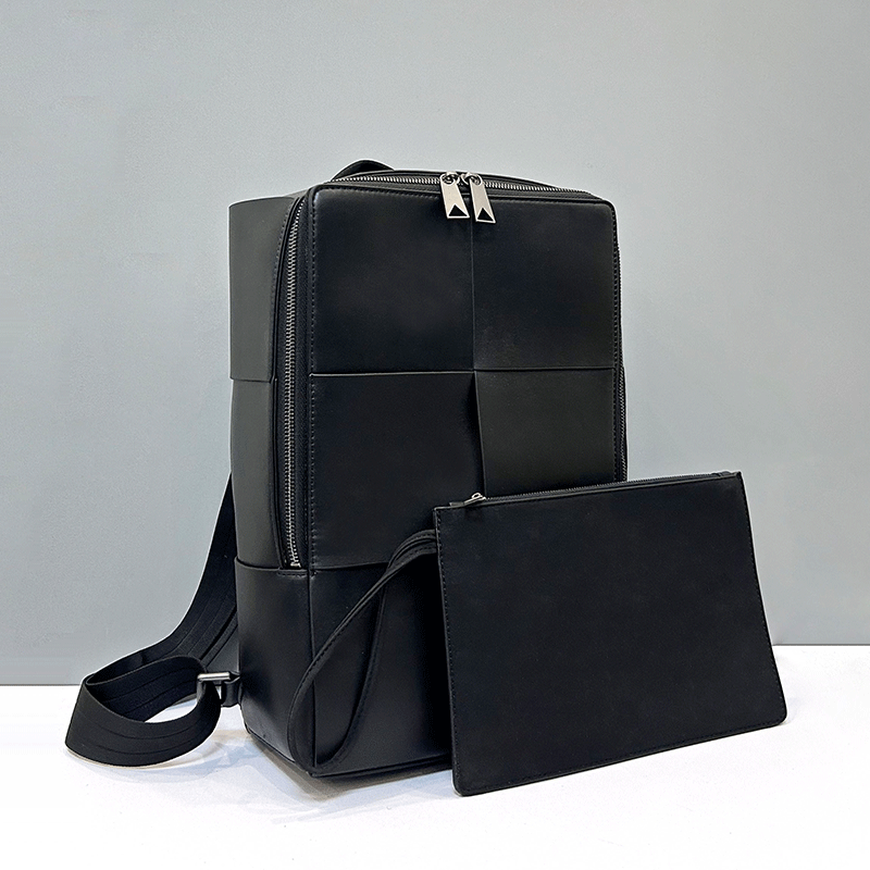 Leather Work Backpack - ファッショナブルな大容量レザー織りビジネスカジュアル旅行バックパックメンズダブルショルダーバッグカジュアルシンプルスタイル縦型スクエア形状