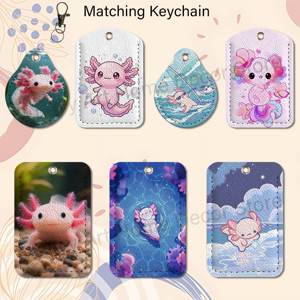 Leatherwork Keychain - かわいいピンクの A-Axolotl 漫画ホルダーキーホルダー仕事用カード銀行ビジネスホルダー学生カード保護ケースバスカード