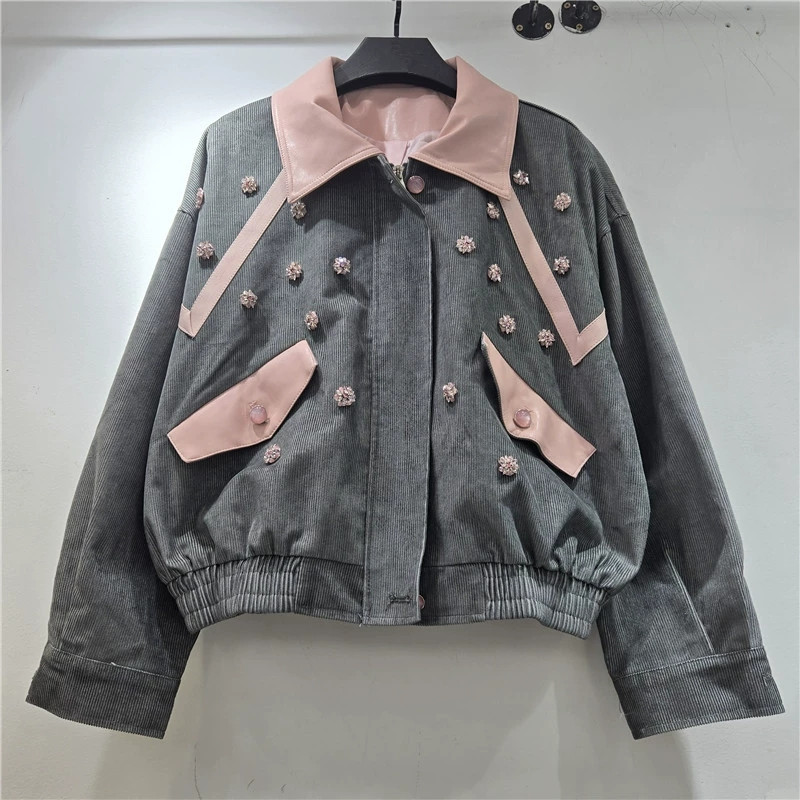 ヘビーワークビーズフラワーコーデュロイジャケットグレーグリー - Leatherwork Flowers のレビューと価格