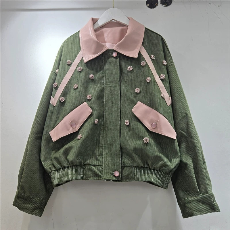 ヘビーワークビーズフラワーコーデュロイジャケットグレーグリー - Leatherwork Flowers のレビューと価格