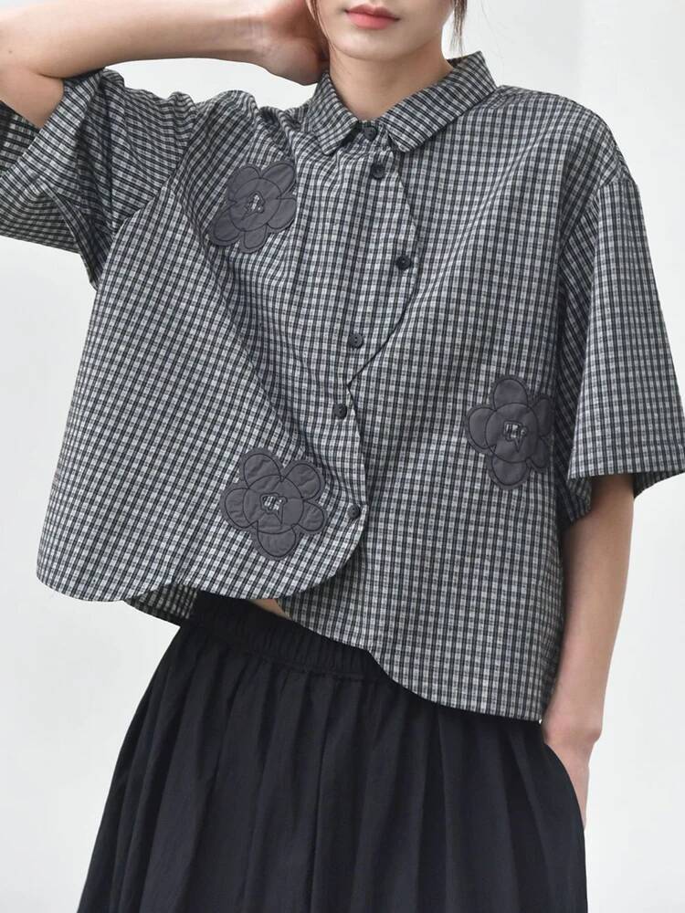グリーンチェック柄女性フラワーパッチビッグサイズブラウス新し - Leatherwork Flowers のレビューと価格