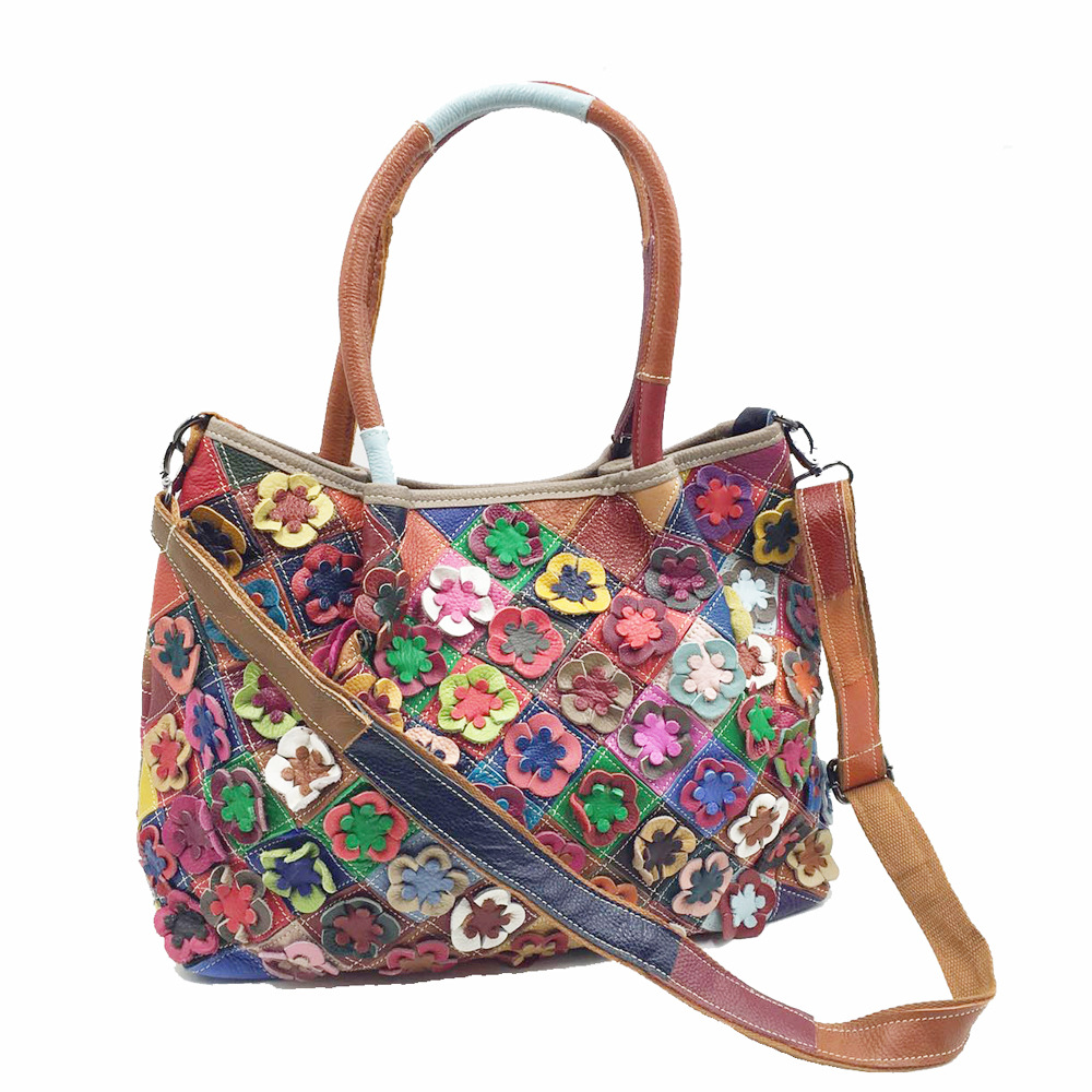 特大サイズ女性用本革マルチカラーフラワーハンドバッグ2026 - Leatherwork Flowers のレビューと価格
