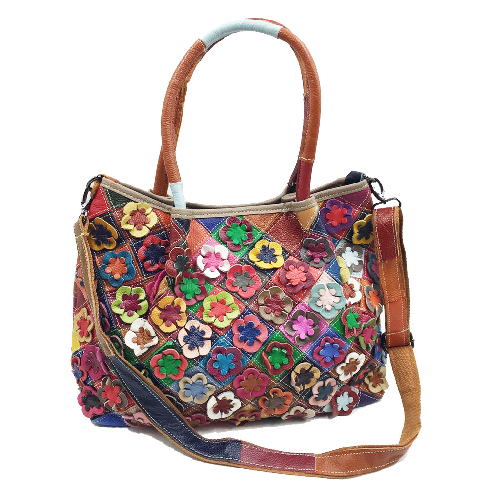 特大サイズ女性用本革マルチカラーフラワーハンドバッグ2026 - Leatherwork Flowers のレビューと価格