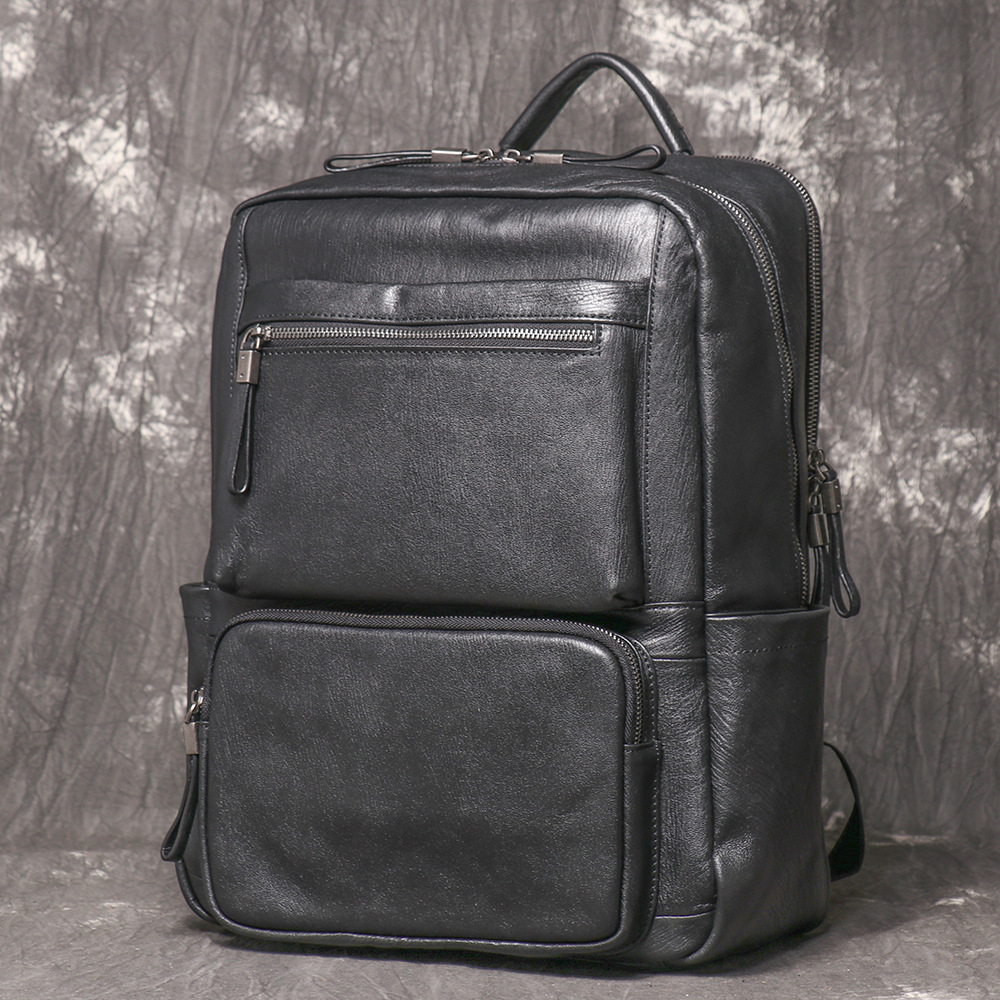 男性用ブラック本革バックパック、多機能コンパートメント付きベ - Leather Work Rucksack のレビューと価格