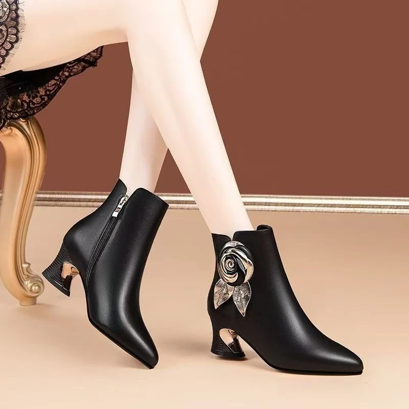 秋冬レディースレザーフリース裏地付きワークアンクルブーツ、暖 - Leatherwork Flowers のレビューと価格